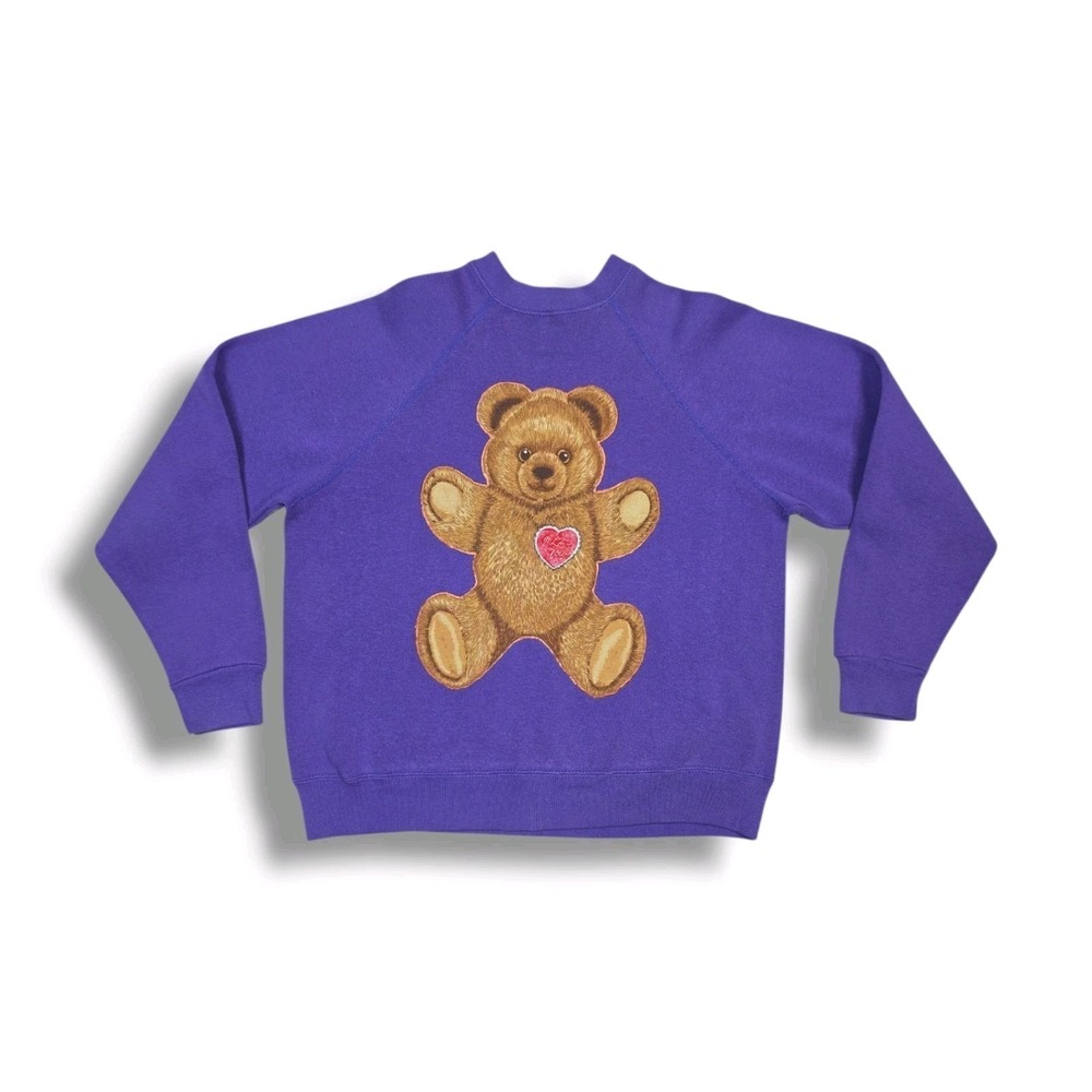 Vintage Tultex Teddy Bear "I Love You" Graphic Print Purple Sweatshirt Women's M